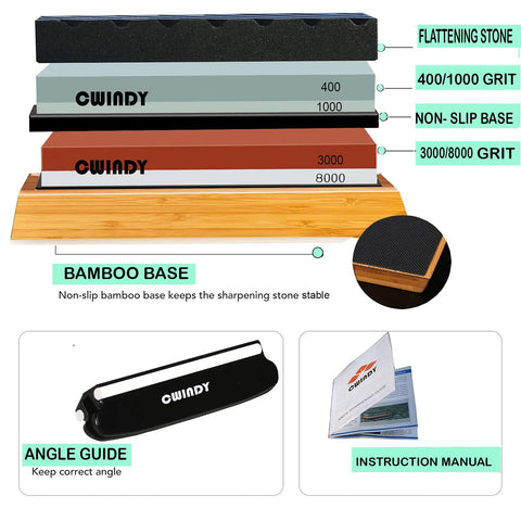 Dual Sided Whetstone Knife Sharpening Kit With 400 1000 And 3000 8000 Grits Wet Stone Set, bamboo base, angle guide, and manual.