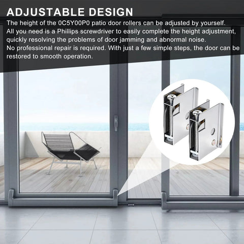 Two Pack 0C5Y00P0 Sliding Patio Door Rollers Compatible With Pella Sliding Patio Doors 1-1/2 Inch Steel Ball Bearing Rollers Adjustable Roller Height displayed with sliding door.