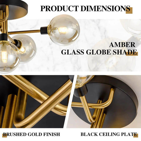 Close-up of amber glass globes and brushed gold finish on Five Light Black And Gold Brushed Metal Sputnik Ceiling Light With Glass Globes Semi Flush Mount Dope Modern Mid Century Chandelier For Farmhouse Vibes And Vintage Style Close To Ceiling Amber.
