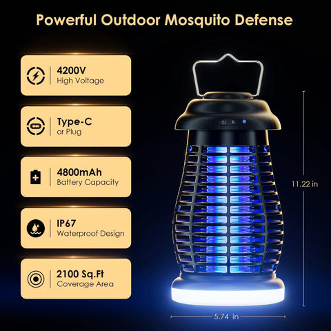 Cordless Bug Zapper Outdoor 4200V Electric Mosquito Zapper Fly Trap Rechargeable Portable Waterproof Insect Killer
