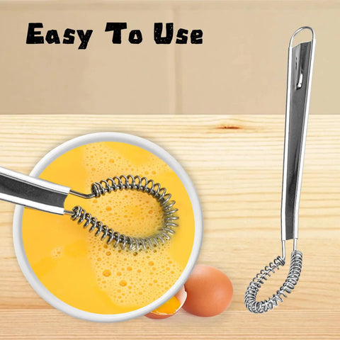 Two Piece Stainless Steel Mini Egg Whisk Set With Spring Coil Design for mixing eggs in a bowl, handheld kitchen tool visible.
