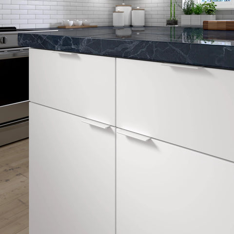 Lincoln Collection 3 1/8 Inch Center to Center White Modern Cabinet and Drawer Edge Pull Handle installed on kitchen cabinets
