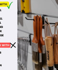 Premium Heavy Duty Slatwall Hooks And Hangers Set 20 Pack For Garage Storage and Organization compatible with HandiWall and more; wooden tools hanging on hooks