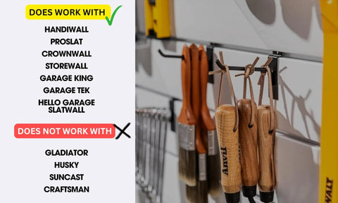Premium Heavy Duty Slatwall Hooks And Hangers Set 20 Pack For Garage Storage and Organization compatible with HandiWall and more; wooden tools hanging on hooks