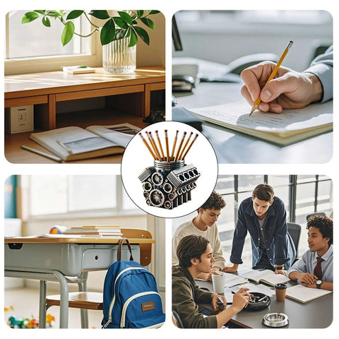 V8 Engine Model Pen And Pencil Holder, resin desktop organizer with compartments, shown in various desk and workspace settings.