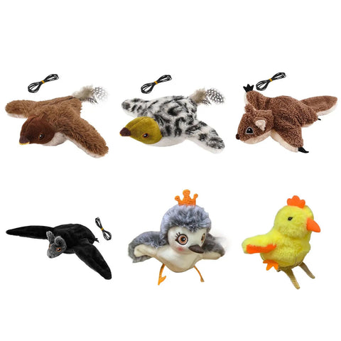 Motion Activated Plush Bird Toy For Indoor Cats With Realistic Sounds, Rechargeable Interactive Pet Toy That Auto Starts, Quiet Hands Free Playtime Buddy For Curious Cats And Busy Owners. Set of six plush bird toys with charging cords.