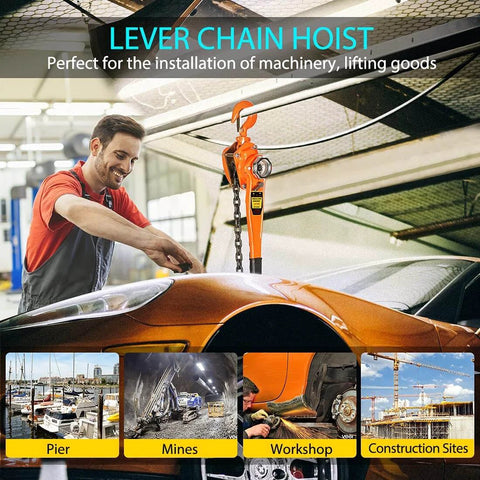 Lever Chain Hoist 3/4 Ton 1650 Lbs Capacity 10 Feet With 2 Heavy Duty Hooks in automotive repair shop