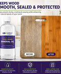 32oz Food Grade Mineral Oil For Cutting Boards And Wood Surfaces No Fuss Restores Protects And Seals Butcher Blocks Countertops And Steel Surfaces Keeps Wood Smooth Safe And Rust Free USP Verified bottle next to a treated wood cutting board showing before and after effects."