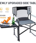 Heavy Duty 300 Lb Folding Director Chair With 2 Way Rotating Side Table Height Adjustable Swivel Tray Cup Holder Ergonomic Mesh Back Portable Outdoor Seat For RV Tailgating Lawn Grey showing side table and cup holder.