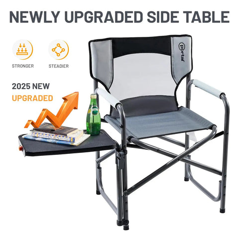 Heavy Duty 300 Lb Folding Director Chair With 2 Way Rotating Side Table Height Adjustable Swivel Tray Cup Holder Ergonomic Mesh Back Portable Outdoor Seat For RV Tailgating Lawn Grey showing side table and cup holder.