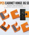 Pro Grade Rock Solid Magnetic Cabinet Hinge Jig With Exact Two Millimeter Gap Spacer Tool For Zero Headache Kitchen Cabinet Door Alignment and Furniture Projects, six orange magnetic gap spacers.