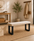 Room with beige cushioned bench featuring Heavy Duty 16 Inch Metal Bench Legs Set Of 2 For Diy Builds Coffee Table Desk End Table And More Heavy Steel U Shaped Supports Sturdy Welded Construction Perfect For Projects on a jute rug, wooden console in background.