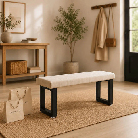 Room with beige cushioned bench featuring Heavy Duty 16 Inch Metal Bench Legs Set Of 2 For Diy Builds Coffee Table Desk End Table And More Heavy Steel U Shaped Supports Sturdy Welded Construction Perfect For Projects on a jute rug, wooden console in background.