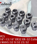 Pro Grade ER32 Collets Set 13-Piece Range From One Sixteenth To Thirteen Sixteenths Inch Including Five Thirty-Seconds Nine Thirty-Seconds And Twenty Three Thirty-Seconds Spring Chuck Style Portable Lathe Milling Tool Kit displayed on a table.