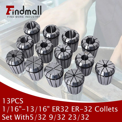 Pro Grade ER32 Collets Set 13-Piece Range From One Sixteenth To Thirteen Sixteenths Inch Including Five Thirty-Seconds Nine Thirty-Seconds And Twenty Three Thirty-Seconds Spring Chuck Style Portable Lathe Milling Tool Kit displayed on a table.
