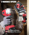 Close-up of the 20V Brushless Impact Driver Kit With Two-Speed Variable Speed, cordless use on wood with gloves