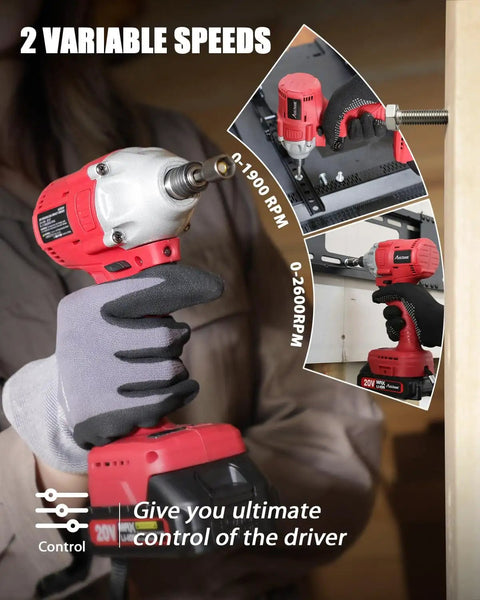 Close-up of the 20V Brushless Impact Driver Kit With Two-Speed Variable Speed, cordless use on wood with gloves