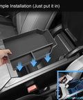BMW X3 Center Console Organizer Tray for 2025 2026 G45 being installed, showing durable ABS plastic and anti-slip rubber surface.