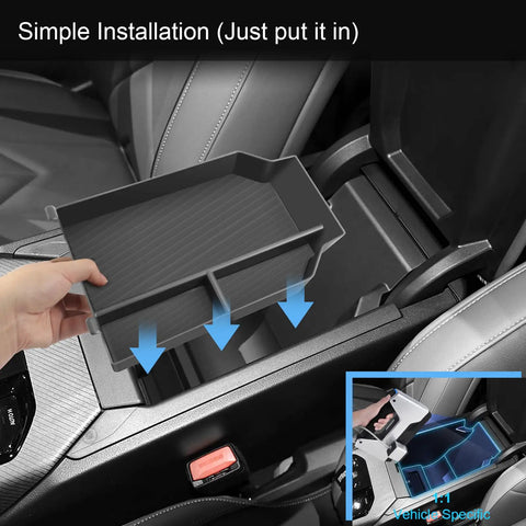 BMW X3 Center Console Organizer Tray for 2025 2026 G45 being installed, showing durable ABS plastic and anti-slip rubber surface.