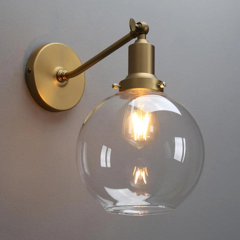 Retro Sconce With Slope Pole Wall Mount And 7.9 Inch Glass Globe Shade In Antique Gold Finish Dimmable Wall Light For Living Room Bedroom Or Bathroom E26 Base Compatible With LED CFL Halogen Incandescent Bulbs