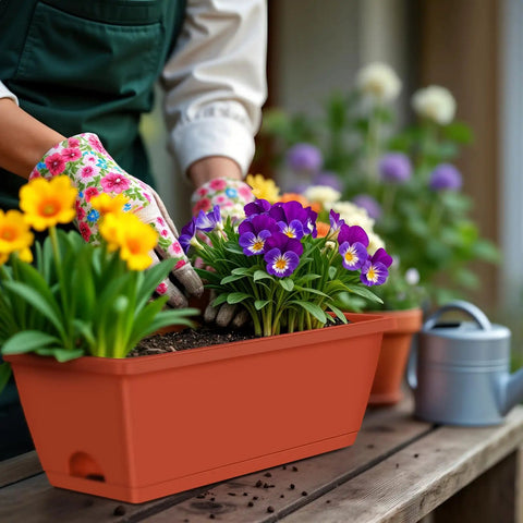 Person planting flowers in a Two Pack Railing Planter Boxes With Adjustable Brackets, 16.9 Inch Window Boxes For Decks And Balconies, Red