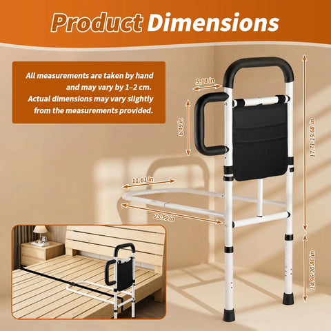 Sturdy Adjustable Bed Rail For Elderly And Limited Mobility With Non-Slip Handle, 350 Lbs Capacity, dimensions displayed
