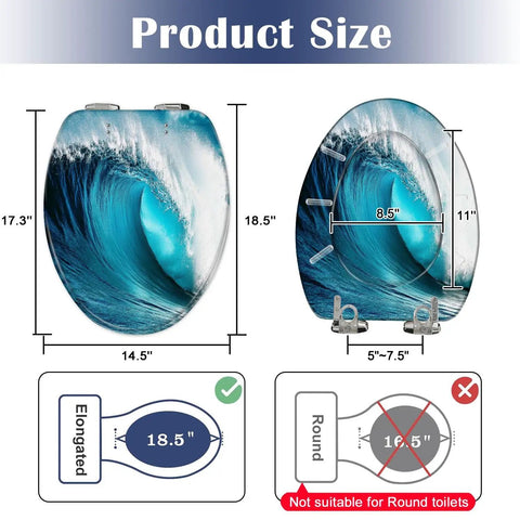 Generic Elongated Resin Toilet Seat for Bathroom with wave design, measuring 18.5 x 14.5 inches, showing size guide.