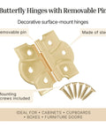 Butterfly Hinges With Removable Pin In Polished Brass, Surface Mount Cabinet Hinges Pack Of 8, 1-3/4 In Wide By 2-3/8 In High, 5/8 In Center, Old School Vintage Look For Antique Or Traditional Furniture, Easy Install