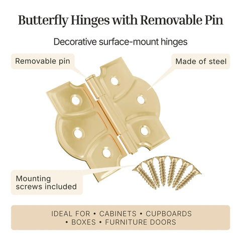 Butterfly Hinges With Removable Pin In Polished Brass, Surface Mount Cabinet Hinges Pack Of 8, 1-3/4 In Wide By 2-3/8 In High, 5/8 In Center, Old School Vintage Look For Antique Or Traditional Furniture, Easy Install