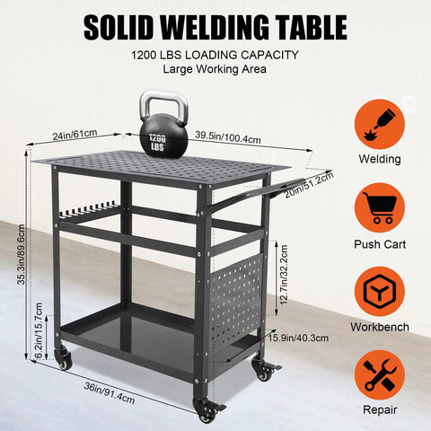 Top Shelf Welding Workbench, 36X24 Inch Steel Fabrication Table, 600 Lb Capacity, 161 Fixture Holes, 11 Tool Hooks, Dual Storage Shelves, Beast Class Shop Ready Stand For Garage And Custom Metal Projects, with dimensions and capacity details.