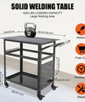 36X24 Inch Heavy Duty Steel Welding Table Workbench With Rolling Casters 600 Lbs Capacity Portable Shop Beast Featuring 161 Fixture Holes Extra Storage Hooks And Double Shelf For Any Garage Grind, showcasing a robust design.