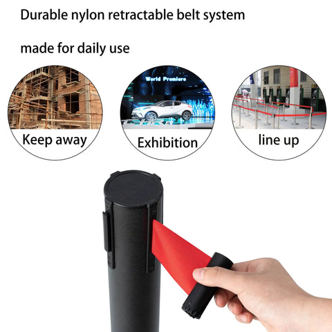 Premium 2 Pack Crowd Control Stanchions With 6.5 Foot Red Retractable Belts Steel Black Posts demonstration