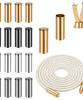 Kick The Cord End Into High Gear With 16 Metal Paracord Tips In Gold Silver Black And Gray. These Universal Shoe Lace Ends Keep Your Rope Neat For Heavy Duty Projects And DIY Fixes Without Fluffing Around. Gold metal paracord tips on white rope