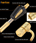Propane MAPP Gas Turbo Torch With Self Ignition Trigger Adjustable Regulator Detachable Tips Pro Grade And Compatible With MAP Pro CGA600 Cylinders shown with parts labeled