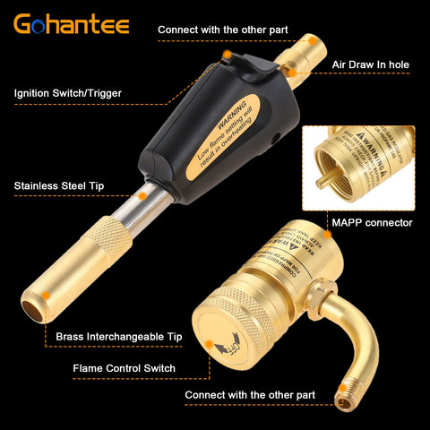 Propane MAPP Gas Turbo Torch With Self Ignition Trigger Adjustable Regulator Detachable Tips Pro Grade And Compatible With MAP Pro CGA600 Cylinders shown with parts labeled
