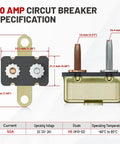Beefy Auto Reset Circuit Breaker 50 Amp 12V To 24V Dc Stud Bolt Terminals And Rugged Steel Housing detailed specs with dimensions.