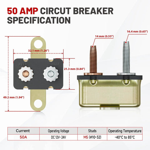 Beefy Auto Reset Circuit Breaker 50 Amp 12V To 24V Dc Stud Bolt Terminals And Rugged Steel Housing detailed specs with dimensions.