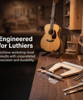 Guitar Neck Removal Tool Kit For Quick Luthier Repairs with acoustic guitar on workshop bench for precision alignment.