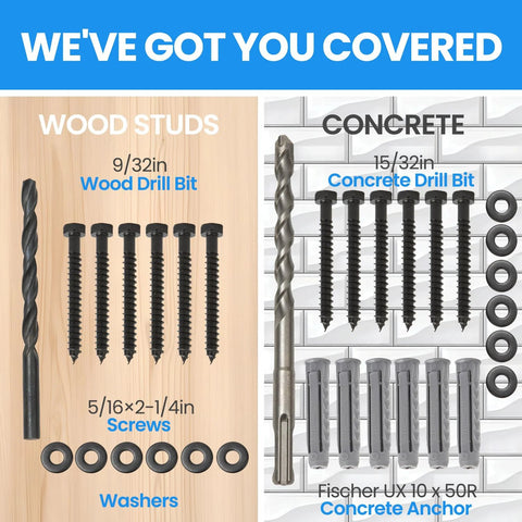 Image showing Lag Bolt Kit For TV Wall Mount With M8 Lag Screws, Wall Anchors, Washers, Bubble Level, Allen Key, And Two Drill Bits