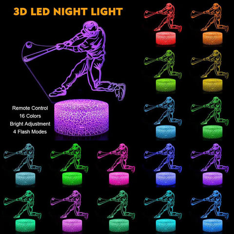 Baseball Man 3D Lamp Night Light With Remote Control And Touch Sensor, Totally Cool Colorful Brightness Levels, Battery Powered Gift For Boys And Girls, Safe Soft Glow For Kids, Baseball Man-2 LED light display with various colors and modes