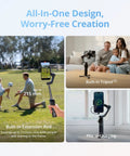 Osmo Mobile 8 Advanced Tracking Gimbal For Phone with built-in tripod and extension rod shown in various settings.