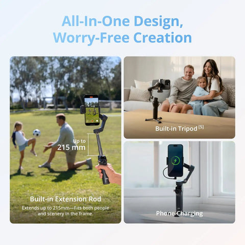 Osmo Mobile 8 Advanced Tracking Gimbal For Phone with built-in tripod and extension rod shown in various settings.