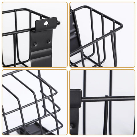 Close-up view of Heavy-Duty Slatwall Baskets and Hooks Kit for Standard Slatwall Panels, showcasing steel construction and design.
