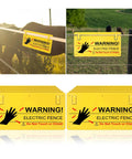 Electric Fence Warning Signs Set Of 10, 9.6 By 5 Inches, Durable Plastic For Farm And Home, Easy Mount With 5 Holes, Weatherproof Signage That Sticks Firmly To Keep Livestock And Property Safe. Yellow plastic electric fence warning sign on wire fence