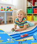 Child playing with Flexible Kids Race Track, Fifteen Foot Roll Up Two Lane Car Track With Strong Suction Cups And Diecast Cars In One Sixty Four Scale