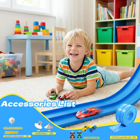 Child playing with Flexible Kids Race Track, Fifteen Foot Roll Up Two Lane Car Track With Strong Suction Cups And Diecast Cars In One Sixty Four Scale