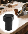 Close-up of Six Piece Aluminum Bench Dogs Set For Workbench Holes And Track Planing Stop Positioning Plugs Peg Brake Stop Clamp Durable Non Slip 20mm Black Finish on a workbench