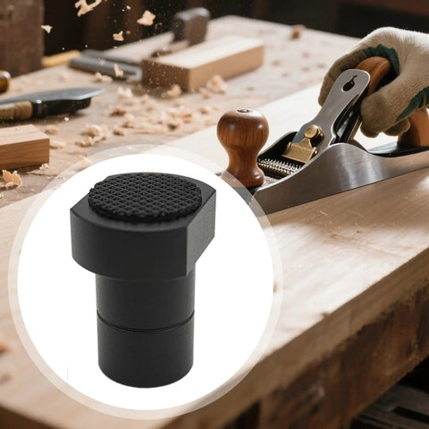 Close-up of Six Piece Aluminum Bench Dogs Set For Workbench Holes And Track Planing Stop Positioning Plugs Peg Brake Stop Clamp Durable Non Slip 20mm Black Finish on a workbench