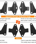 Comparison of upgraded Wrangler body door hinge with ordinary steel hinge, showcasing features of 8 Pcs Body Door Hinge Set For Wrangler JK JKU Unlimited 07 18 Aluminum Interior Door Hinges Kit Black Heavy Duty Replacement SagProof Easy Install Smooth Door Alignment.