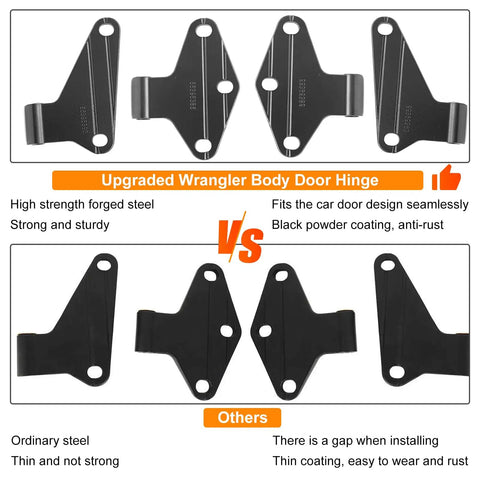 Comparison of upgraded Wrangler body door hinge with ordinary steel hinge, showcasing features of 8 Pcs Body Door Hinge Set For Wrangler JK JKU Unlimited 07 18 Aluminum Interior Door Hinges Kit Black Heavy Duty Replacement SagProof Easy Install Smooth Door Alignment.